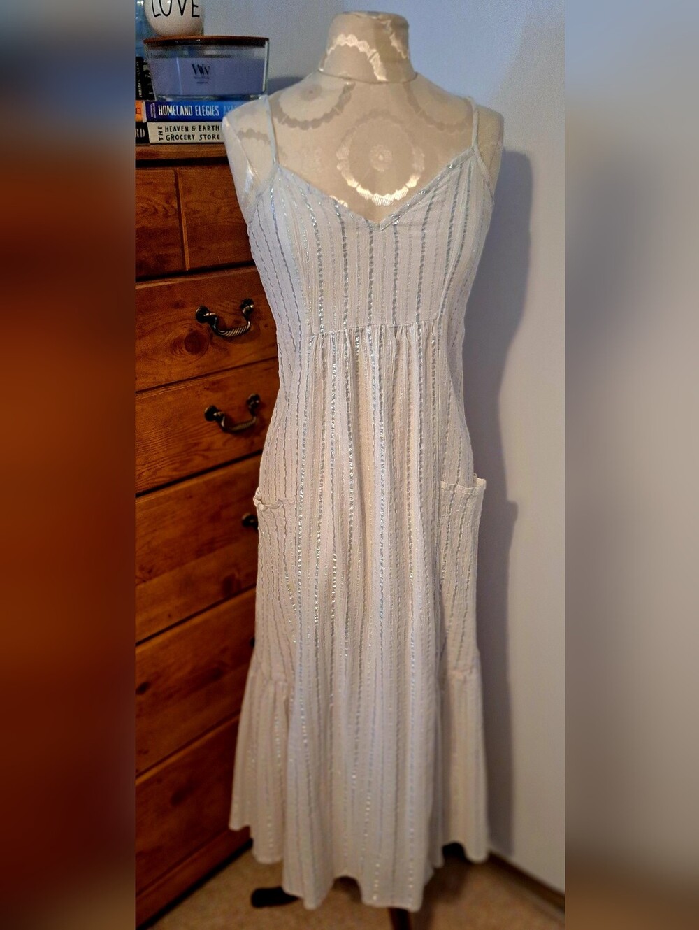 aerie White Sequin-Striped Spaghetti Strap Maxi Dress